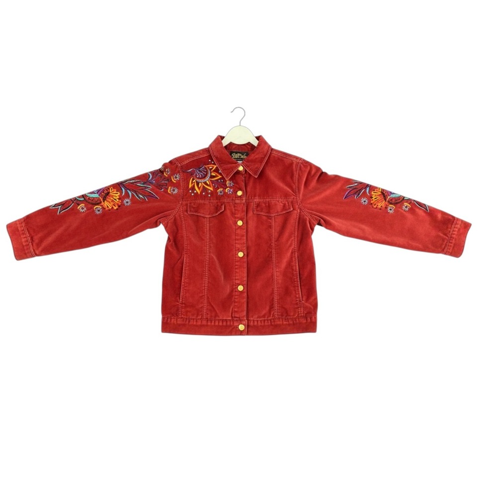 Bob Mackie Wearable Art Red Embroidered Floral Trucker Jacket Womens S Oversized - Picture 4 of 7